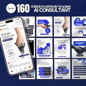 Op de afbeelding: Een smartphone toont een Instagram-bericht over Human-Centric AI, met een hand die interactie heeft met een robotarm. De afbeelding toont ook 160 bewerkbare social media templates voor een AI consultant, met de tekst "Canva" en "AI CONSULTANT".