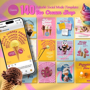 Op de afbeelding: Promotieafbeelding voor 140 bewerkbare social media templates voor een ijssalon. De afbeelding toont een smartphone met een Instagram post voor een mango ijsje. Andere templates tonen ijs smaken en ontwerpen.