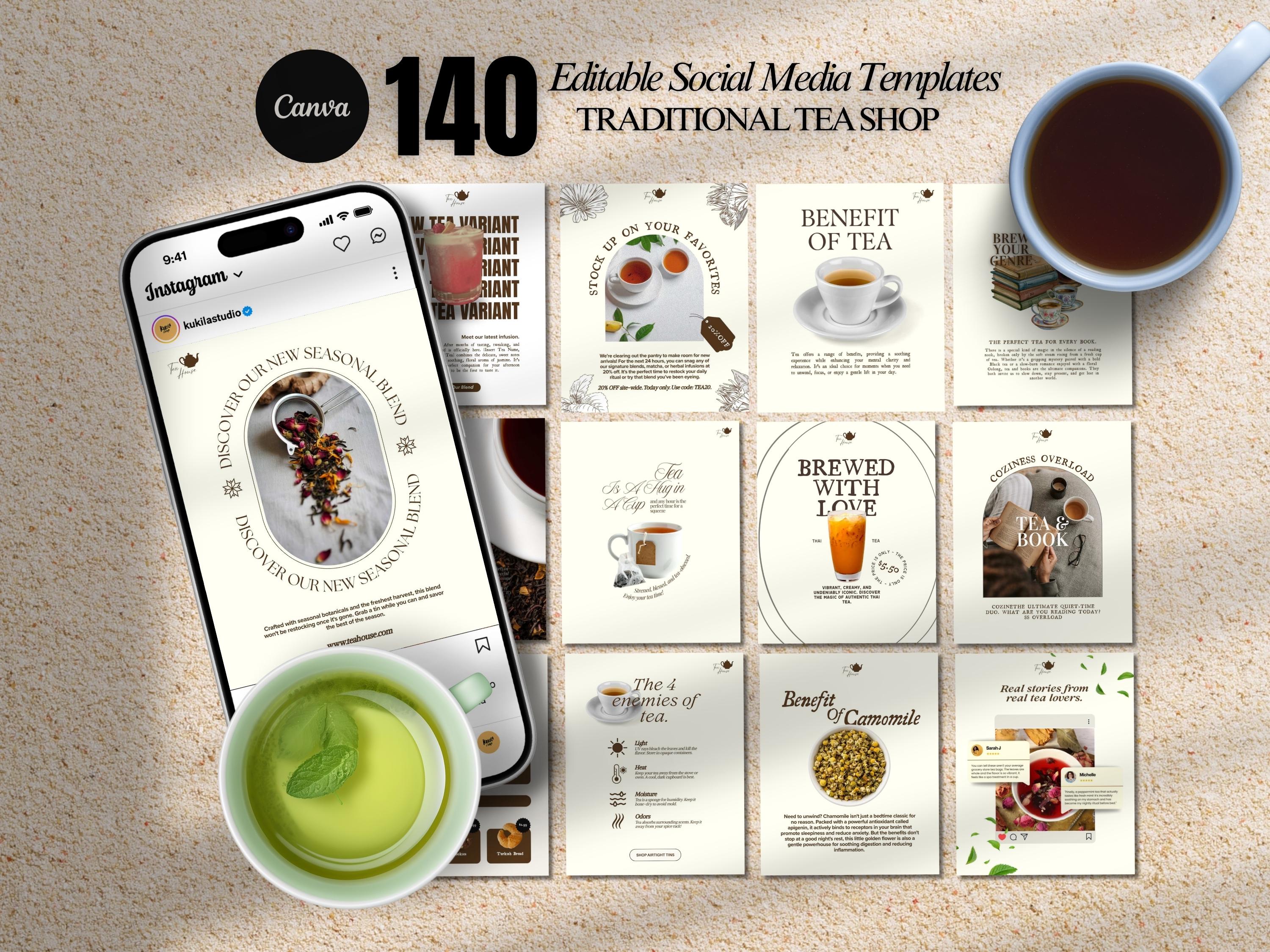 Tea Shop Templete Herbal Tea Shop Instagram Templates, Branding Kit (canva Digital ...
