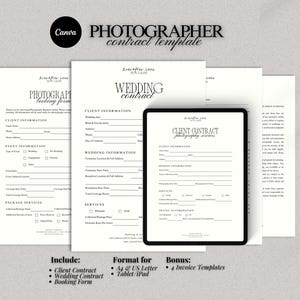 Pode incluir: Um modelo de contrato de fotógrafo com o texto "PHOTOGRAPHER contract template" e o logotipo "Canva". Inclui um contrato de cliente, um contrato de casamento e um formulário de reserva. Formatado para A4 e US Letter e tablet/iPad. Bónus: 4 modelos de fatura.
