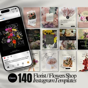Template Instagram per Fioristi e Negozi di Fiori | Kit Social Media Canva | Modelli Modificabili per Fioristi da Matrimonio