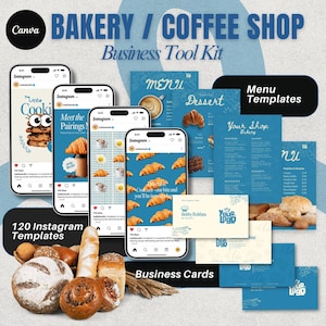 Pode incluir: Imagem promocional para um kit de ferramentas comerciais de padaria e café. A imagem apresenta smartphones exibindo modelos do Instagram, modelos de menu, cartões de visita e produtos de panificação. O texto inclui "Bakery / Coffee Shop Business Tool Kit".