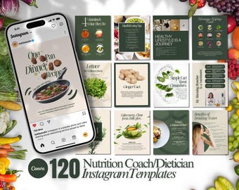 Plantillas de Instagram para Coach Nutricional | Branding en Redes Sociales para Nutricionistas | Recetas Saludables en Canva | Bienestar
