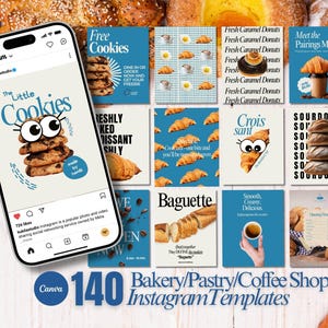 May include: A collection of 140 Instagram templates for a bakery, pastry, or coffee shop. The templates feature various images of pastries, coffee, and other bakery items, along with text overlays. The templates are designed to help businesses promote their products and services on social media.