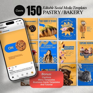 Pode incluir: Um smartphone exibe uma publicação do Instagram com um biscoito, parte de 150 modelos de mídia social editáveis para empresas de confeitaria e padaria. Inclui legendas, modelos de menu, modelos de cartões de visita e um tutorial.