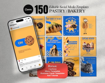 May include: A smartphone displays an Instagram post with a cookie graphic, part of a set of 150 editable social media templates for pastry and bakery businesses. The templates include captions, menu templates, business card templates, and a tutorial.