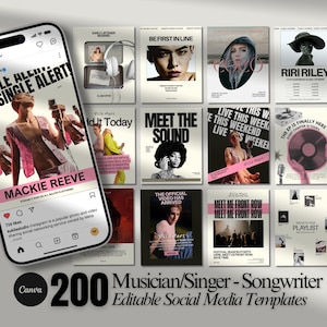 Könnte beinhalten: Ein Smartphone zeigt einen Instagram-Feed mit einem Werbebeitrag für den Musiker Mackie Reeve, umgeben von einem Raster verschiedener Social-Media-Vorlagen für Musiker, Sänger und Songwriter, mit dem Text 200 Musician/Singer - Songwriter Editable Social Media Templates.