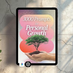 Pode incluir: Um tablet digital exibe o texto "3000 Prompts for Personal Growth" sobre um gráfico de uma árvore segurada em mãos. O fundo apresenta um gradiente de tons rosa e laranja. O tablet está colocado contra uma parede texturizada de tons neutros.