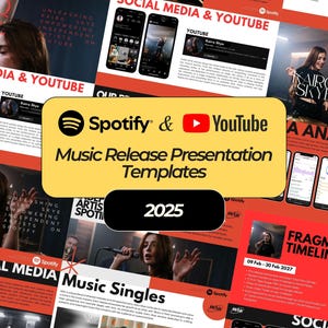 May include: A yellow and black graphic with the text "Spotify & YouTube Music Release Presentation Templates 2025". The graphic is surrounded by images of a woman singing, a phone screen displaying a YouTube video, and a phone screen displaying a Spotify playlist.