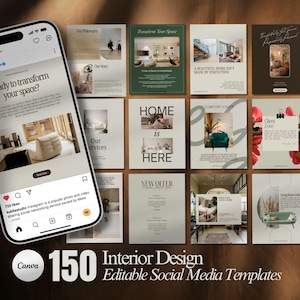 Könnte beinhalten: Ein Instagram-Post mit 150 Social-Media-Vorlagen für Innenarchitektur. Das Telefon zeigt einen Beitrag mit dem Text "Ready to transform your space?" und einem beigen Innendesign. Die Vorlagen zeigen verschiedene Innenarchitekturthemen.