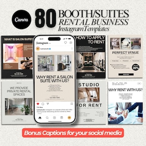 May include: An advertisement for a rental business, featuring a smartphone displaying Instagram templates. The image includes the text "80 Booth/Suites Rental Business Instagram Templates" and various promotional graphics. The Canva logo is also visible.