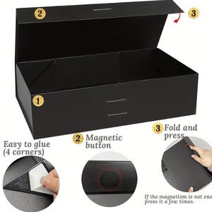 May include: A rectangular black collapsible gift box with a hinged lid and magnetic closure. The image includes instructional labels: 1 Easy to glue (4 corners), 2 Magnetic button, and 3 Fold and press, with circular insets showing assembly steps.