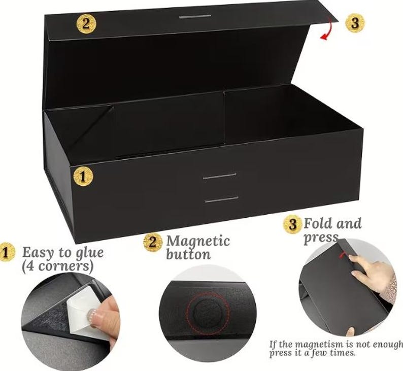 May include: A rectangular black collapsible gift box with a hinged lid and magnetic closure. The image includes instructional labels: 1 Easy to glue (4 corners), 2 Magnetic button, and 3 Fold and press, with circular insets showing assembly steps.