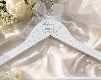 Personalised Pearl Wedding Hanger, White Wooden Bride & Bridesmaid Keepsake with Name, Role and Date