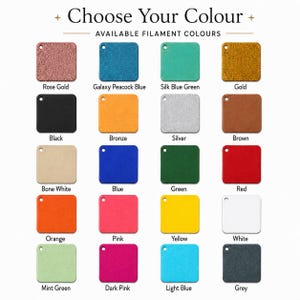 May include: A color chart titled Choose Your Colour and Available Filament Colours, displaying twenty square swatches with holes in the top left corners. Colors include rose gold, galaxy peacock blue, silk blue green, gold, black, bronze, silver, brown, bone white, blue, green, red, orange, pink, yellow, white, mint green, dark pink, light blue, and grey.