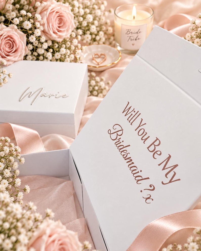 May include: A white gift box with the text Will You Be My Bridesmaid? x printed in rose gold, accompanied by a smaller white box featuring the name Marie in silver script, a candle labeled Bride Tribe, and pink roses with baby's breath flowers.