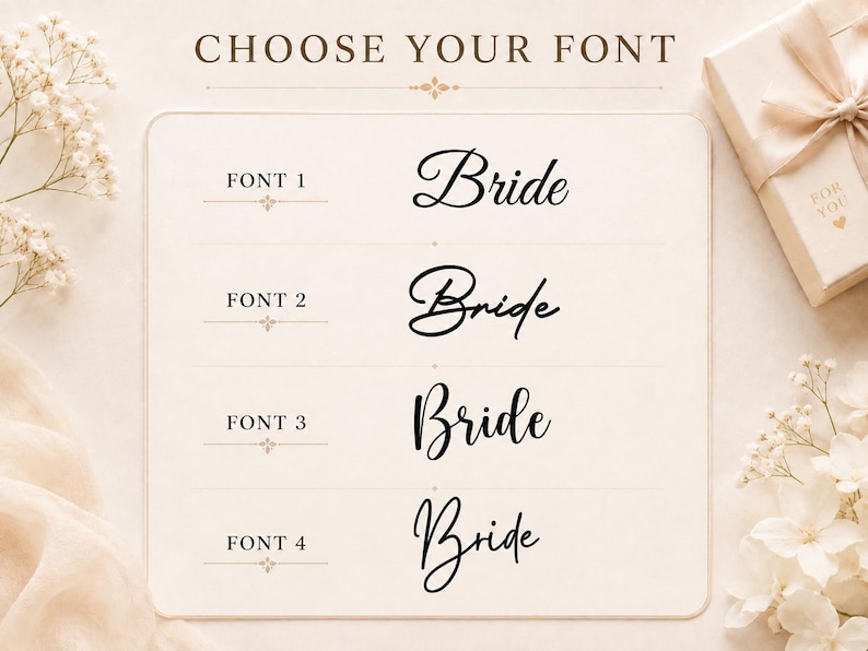 May include: A font selection chart titled CHOOSE YOUR FONT, displaying four distinct black script styles for the word Bride. Each option is labeled FONT 1 through FONT 4, presented on a light cream background with decorative floral accents.