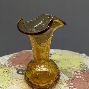 Vintage Blenko Amber Crackle Glass Vase | Ruffled Rim | Mid-Century Modern | Made in USA | Eco-Friendly