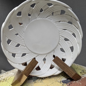 Vintage Slovenian Woven Basket Bowl | White Ceramic Fruit Bowl | 1970s Serving Dish | Eco-Friendly Centerpiece