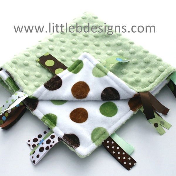 READY TO SHIP - Green and Brown Dot with Sage Green Minky Ribbon Lovey