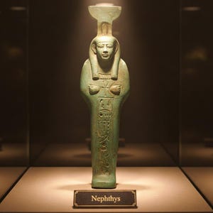 Peut inclure: Une statue de Nephthys de couleur turquoise exposée dans une vitrine. La figure égyptienne antique présente un visage détaillé, les bras croisés et des hiéroglyphes. La statue est éclairée par un projecteur, avec une plaque indiquant "Nephthys".
