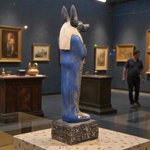 Detailed Anubis statue depicting the jackal-headed Egyptian god standing in a traditional pose, inspired by ancient Egyptian funerary art.
