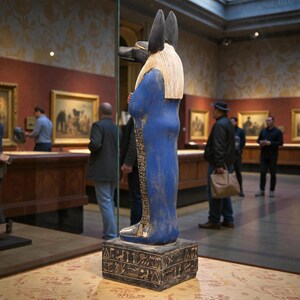 Detailed Anubis statue depicting the jackal-headed Egyptian god standing in a traditional pose, inspired by ancient Egyptian funerary art.