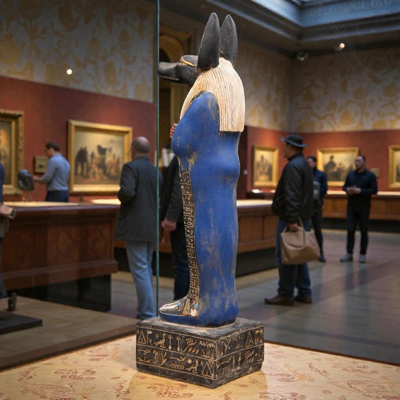 Detailed Anubis statue depicting the jackal-headed Egyptian god standing in a traditional pose, inspired by ancient Egyptian funerary art.