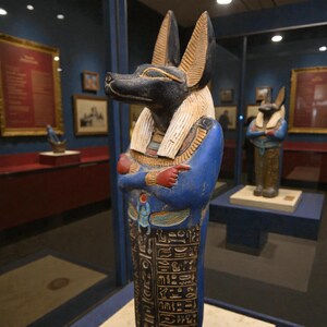 Detailed Anubis statue depicting the jackal-headed Egyptian god standing in a traditional pose, inspired by ancient Egyptian funerary art.