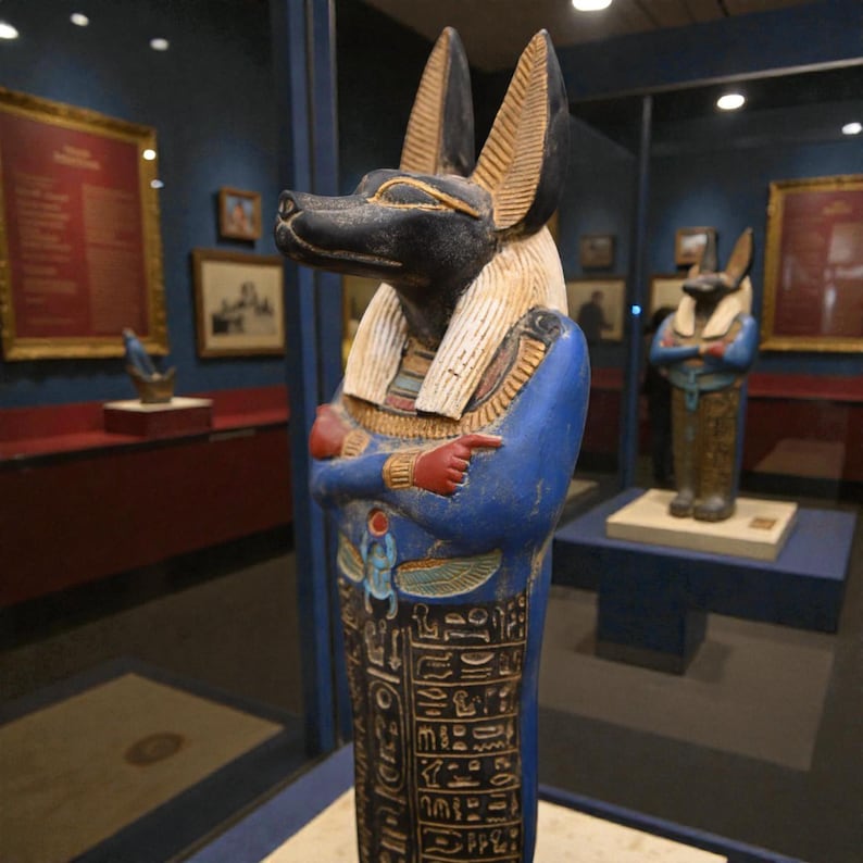 Detailed Anubis statue depicting the jackal-headed Egyptian god standing in a traditional pose, inspired by ancient Egyptian funerary art.