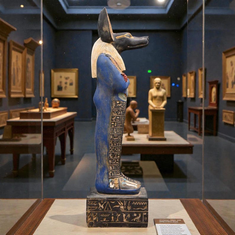 Detailed Anubis statue depicting the jackal-headed Egyptian god standing in a traditional pose, inspired by ancient Egyptian funerary art.