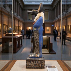 Detailed Anubis statue depicting the jackal-headed Egyptian god standing in a traditional pose, inspired by ancient Egyptian funerary art.