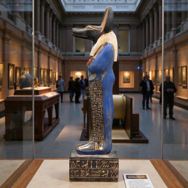 Detailed Anubis statue depicting the jackal-headed Egyptian god standing in a traditional pose, inspired by ancient Egyptian funerary art.