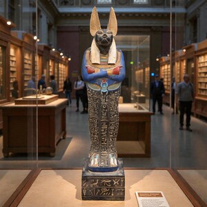 Detailed Anubis statue depicting the jackal-headed Egyptian god standing in a traditional pose, inspired by ancient Egyptian funerary art.