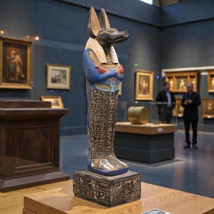 Detailed Anubis statue depicting the jackal-headed Egyptian god standing in a traditional pose, inspired by ancient Egyptian funerary art.