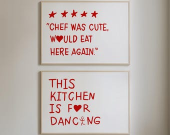 Kitchen Wall Art Set, Red Typography Print, Hand-Drawn Quotes (Digital Download, Horizontal)