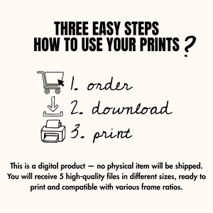 May include: A beige graphic with black text and illustrations detailing how to use digital prints. The steps are: order, download, and print. The text also states that it is a digital product with high-quality files.