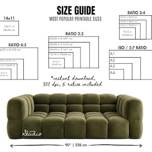May include: A size guide graphic with various printable sizes, ratios, and dimensions in inches and centimeters. A green sofa is at the bottom of the image, with a width of 90 inches (228 cm).
