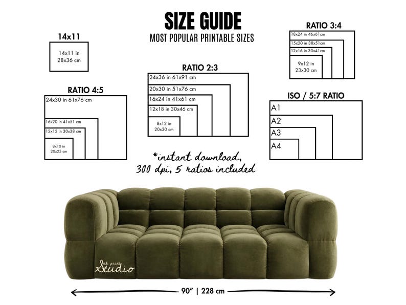 May include: A size guide graphic with various printable sizes, ratios, and dimensions in inches and centimeters. A green sofa is at the bottom of the image, with a width of 90 inches (228 cm).