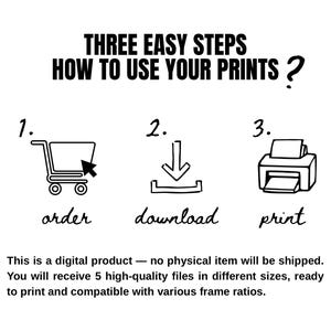 May include: Black and white graphic illustrating three steps: order, download, and print. Text reads "THREE EASY STEPS HOW TO USE YOUR PRINTS?" and "This is a digital product - no physical item will be shipped."