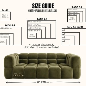 May include: Size guide graphic with various printable sizes, including 14x11 inches and ratios like 2:3, 3:4, 4:5, and ISO/5:7. A green, modular sofa, 90 inches (228 cm) wide, is at the bottom. Text includes "instant download" and "300 dpi."