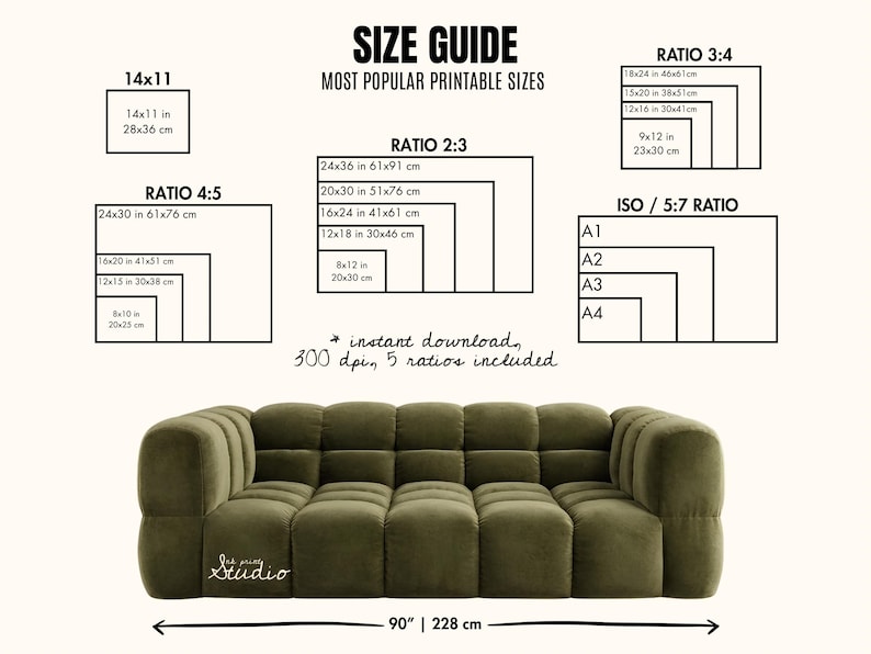 May include: Size guide graphic with various printable sizes, including 14x11 inches and ratios like 2:3, 3:4, 4:5, and ISO/5:7. A green, modular sofa, 90 inches (228 cm) wide, is at the bottom. Text includes "instant download" and "300 dpi."
