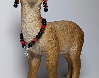 Red and Black Beaded Bracelet and Earring Set – Handmade 8mm Glass Beads Jewelry with Spider Charm – Halloween, Witchy