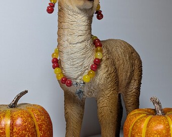 Autumn Glass Bead Bracelet and Earring Set – Handmade 8mm Red & Yellow Beads with Leaf Charm – Fall Jewelry Gift for Her