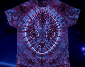 Unisex Adult XL | Hand-Dyed Ice Dye T-Shirt – Alien Head on the front and UFO on the back in shades of Purple, Blue, Pink | 100% Cotton