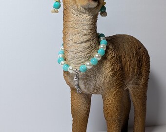 Turquoise & Pearl Beaded Bracelet and Earring Set – Handmade Jewelry with Seahorse Charm, Ocean-Inspired Gift