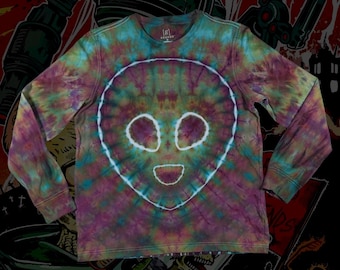 Medium | Ice Dyed Alien UFO Shirt | Glows under UV/Blacklight | Long Sleeve UV Reactive | Pink Green Blue Tie Dye | Festival Rave Shirt