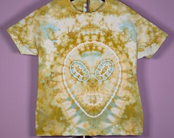 Ice Dye Alien/UFO T-Shirt: Hand-Dyed Turquoise, Yellow, Gold, Adult Large
