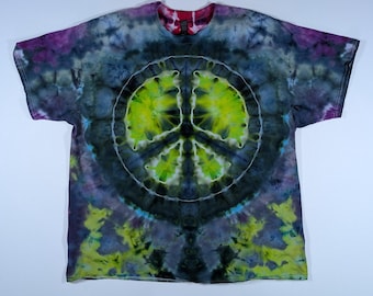 Adult 2XL Ice Dyed Peace Sign TShirt | Gildan Heavy Cotton | Green Blue Tie Dye Tee | Psychedelic Hippie Shirt