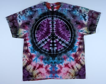 Adult XL Ice Dyed Peace Sign TShirt | Gildan Heavy Cotton | Purple, Blue, Black, Red, Green Tie Dye Tee | Psychedelic Hippie Shirt